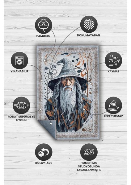 Gandalf Figürlü Geleneksel Desenli Mavi Turuncu Gri Renkli Yüzüklerin Efendisi Halısı Orta Dünya Dekoratif Halı fırsatları