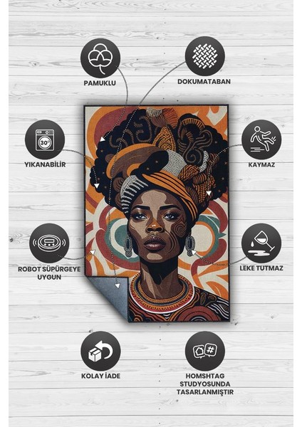Afrikalı Kadın,Renkli Dekoratif Etnik Halı,Kadın Figürlü Renkli Sanat Odası Halısı,Afrika Desensi Turuncu Halı fırsatları