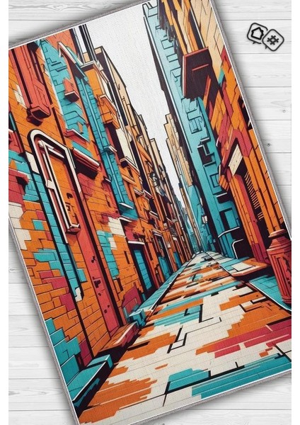 Art Deco Sokak,Mavi Turuncu Beyaz Dekoratif Halı,Sokak Sanatı Temalı Graffiti Halısı,Renkli Genç Odası Halısı fiyatları