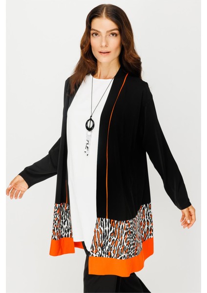 Leopar Detaylı Ceket Içtunik Pantolon Kolye Takım Oranj