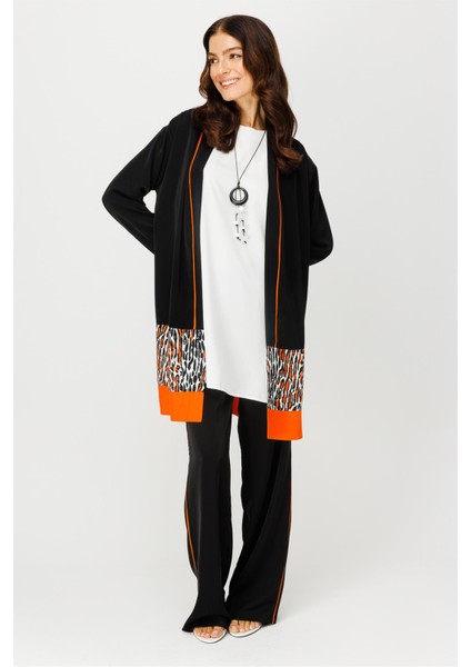 Leopar Detaylı Ceket Içtunik Pantolon Kolye Takım Oranj