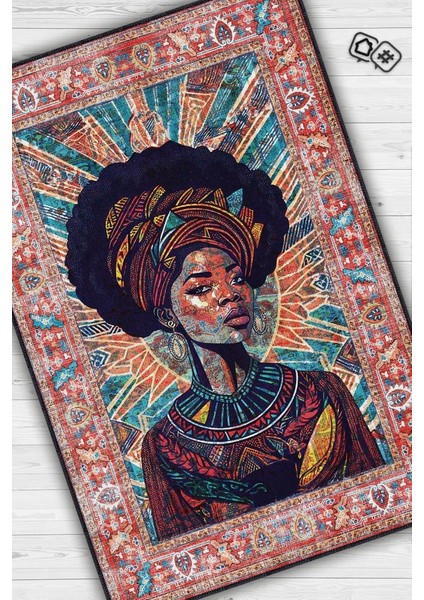 Art Deko Vintage Afrikalı Kadın,Renkli Dekoratif Etnik Halı,İnsan Figürlü Geleneksel Bordürlü Çok Renkli Halı