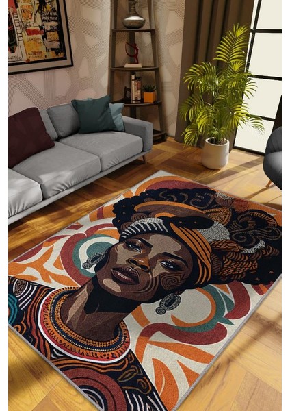 Afrikalı Kadın,Renkli Dekoratif Etnik Halı,Kadın Figürlü Renkli Sanat Odası Halısı,Afrika Desensi Turuncu Halı