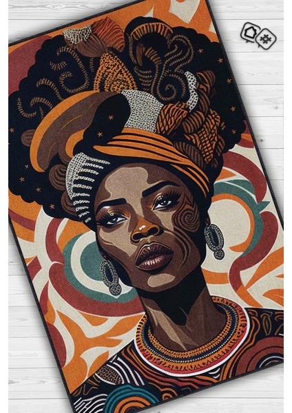 Afrikalı Kadın,Renkli Dekoratif Etnik Halı,Kadın Figürlü Renkli Sanat Odası Halısı,Afrika Desensi Turuncu Halı fiyatları
