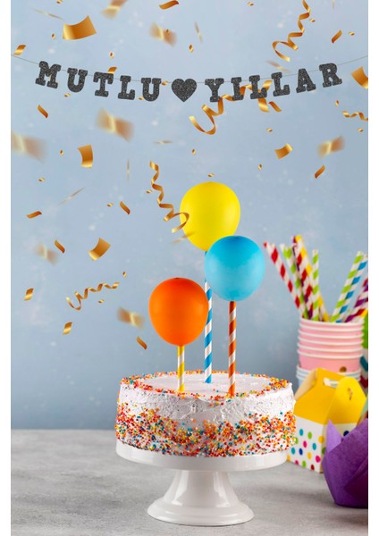 Siyah Mutlu Yıllar Yazılı Banner, Yeni Yıl, Doğum Günü Partisi, Simli Eva Banner