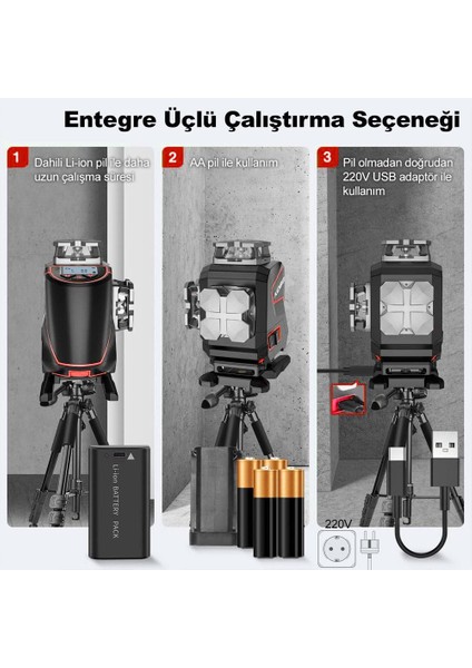 Kobb KBL36GTP Profesyonel Li-Ion Şarjlı 4X360⁰ LCD Ekran Otomatik Hizalamalı Yeşil Çapraz Çizgi Lazer Distomat + Uzaktan Kumanda + Tripod + Taşıma Çantası