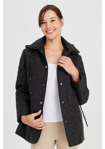 Kadın Kapüşonlu Beli Bağcıklı Kapitone Kaban Siyah fiyatları