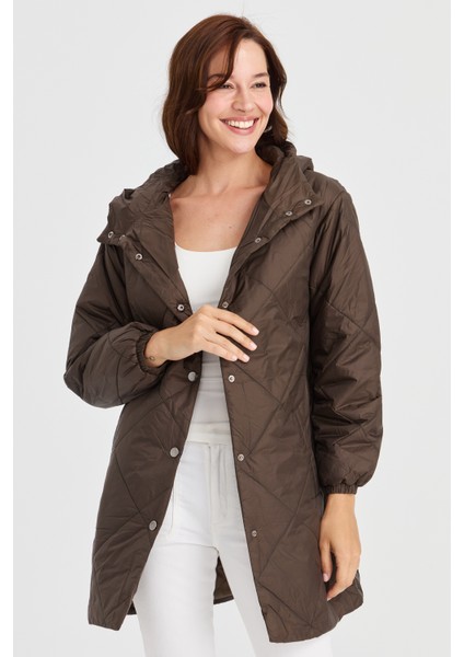 Kadın Şişme Kareli Uzun Kaban Yeşil