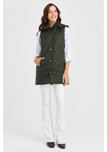 Kadın Kapüşonlu Kapitone Yelek Yeşil