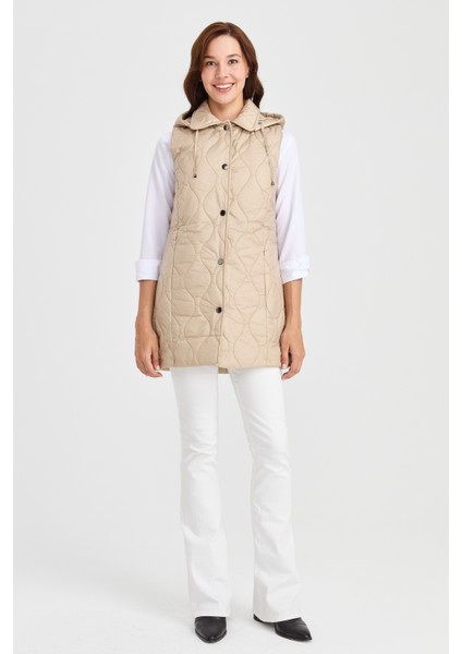 Kadın Kapüşonlu Kapitone Yelek Bej