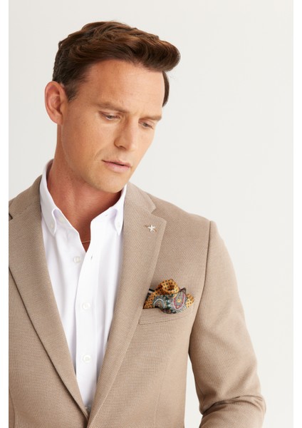 ALTINYILDIZ CLASSICS Erkek Bej Slim Fit Dar Kesim Mono Yaka Pamuklu Örme Blazer Ceket