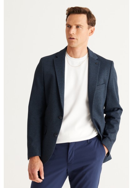 ALTINYILDIZ CLASSICS Erkek Siyah-lacivert Slim Fit Dar Kesim Mono Yaka Diagonal Desenli Blazer Ceket