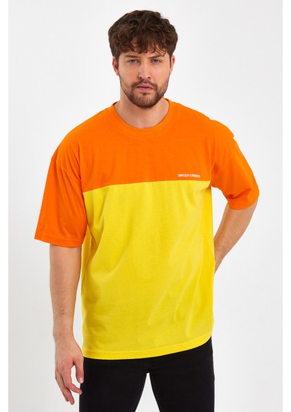 Erkek Baskılı Oversize Basic T-Shırt-Turuncu-Sarı
