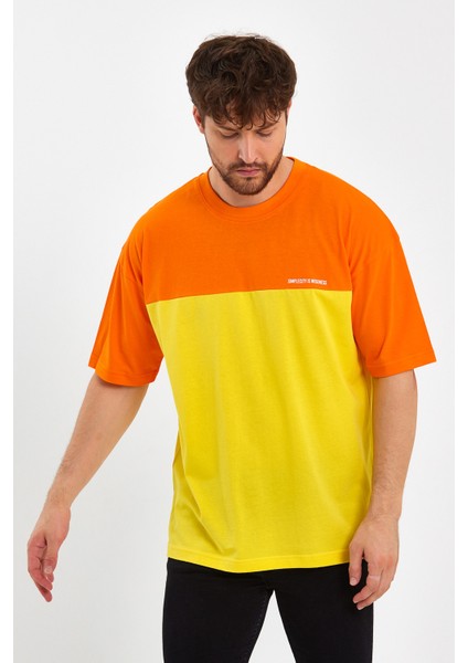 Erkek Baskılı Oversize Basic T-Shırt-Turuncu-Sarı