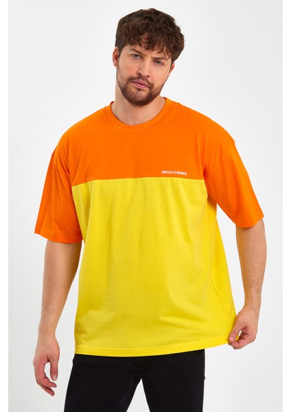 Erkek Baskılı Oversize Basic T-Shırt-Turuncu-Sarı