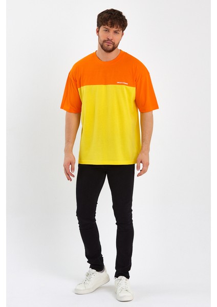 Erkek Baskılı Oversize Basic T-Shırt-Turuncu-Sarı