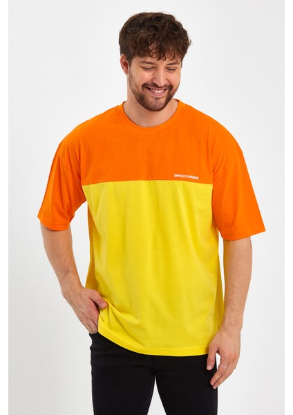 Erkek Baskılı Oversize Basic T-Shırt-Turuncu-Sarı