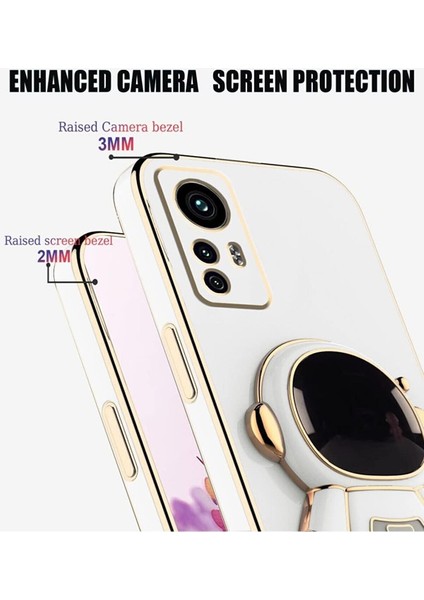 Xiaomi Redmi Note 12S Kılıf Kaplamalı Yaratıcı Astronot Karikatürlü Tutucu Stand Parlak Gold Kenarlı