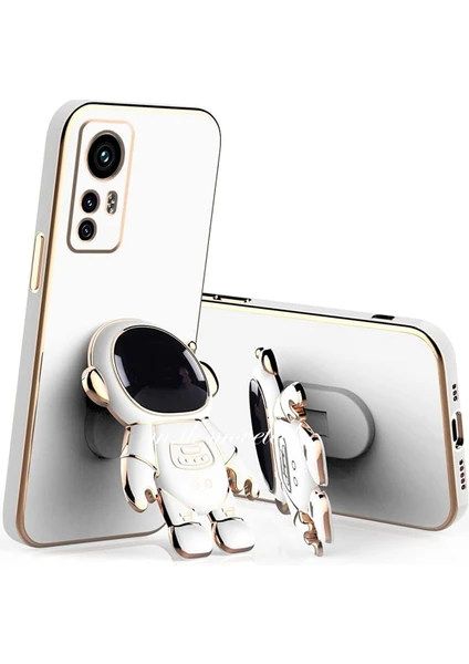 MTK Moveteck Xiaomi Redmi Note 12S Kılıf Kaplamalı Yaratıcı Astronot Karikatürlü Tutucu Stand Parlak Gold Kenarlı