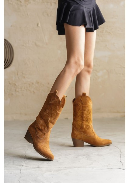 Kadın Meloni Kovboy Çizme - Taba Süet