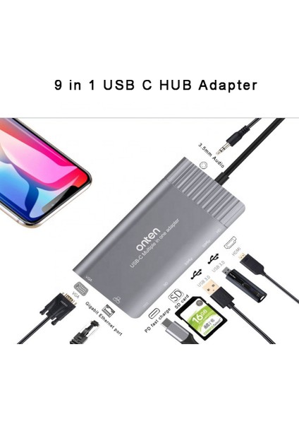 9 In 1 Type-C To VGA HDMI USB C Ethernet Aux Kart Okuyucu Macbook Uyumlu USB Hub Adaptör modelleri