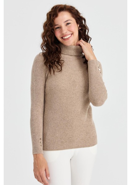 Kadın Tam Balıkçı Yaka Kol Ucu Düğmeli Yün Kazak K.bej fiyatları