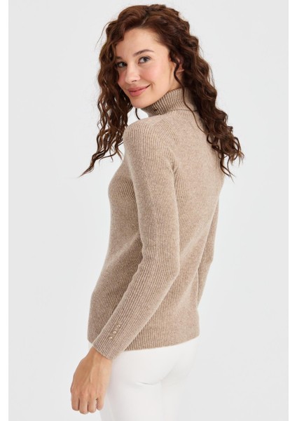 Kadın Tam Balıkçı Yaka Kol Ucu Düğmeli Yün Kazak K.bej indirimleri