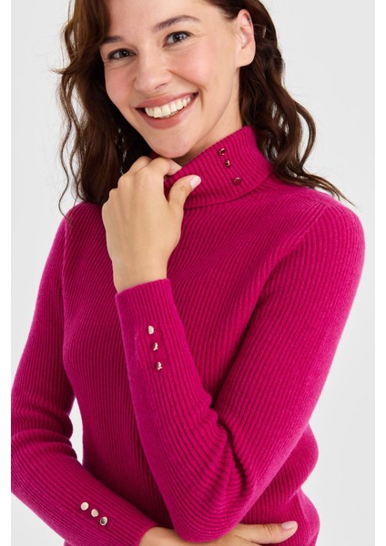 Kadın Tam Balıkçı Yaka Kol Ucu Düğmeli Yün Kazak Sıklamen fiyatları