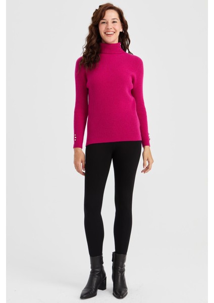 Kadın Tam Balıkçı Yaka Kol Ucu Düğmeli Yün Kazak Sıklamen fırsatları