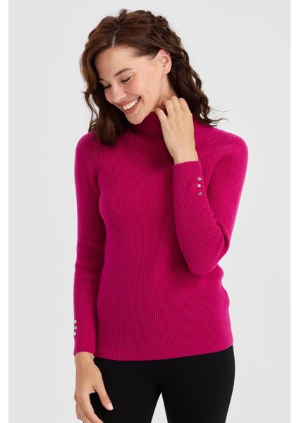 Kadın Tam Balıkçı Yaka Kol Ucu Düğmeli Yün Kazak Sıklamen indirimleri