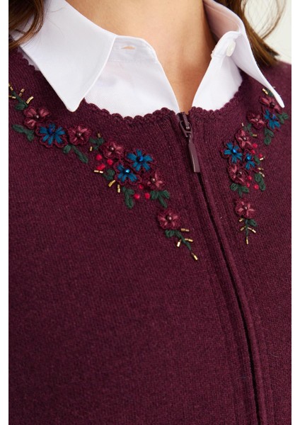 Kadın Sıfır Yaka Kenarı Dantel Işlemeli Yün Yelek K.mürdüm fiyatları