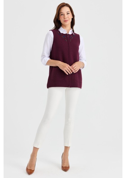 Kadın Sıfır Yaka Kenarı Dantel Işlemeli Yün Yelek K.mürdüm fırsatları