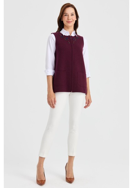 Kadın Sıfır Yaka Kenarı Dantel Işlemeli Yün Yelek K.mürdüm indirimleri