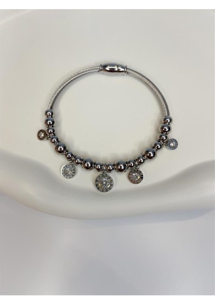 Çelik Taşlı Charm Bileklik-Gümüş
