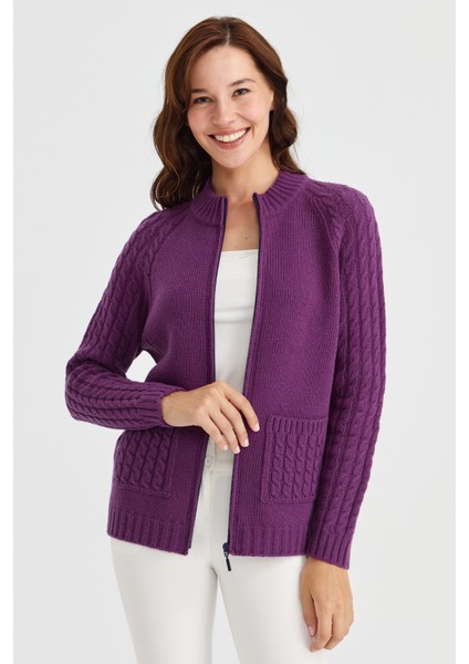 Kadın Dik Yaka Cebi ve Kolu Saç Örgü Yün Hırka A.mor modelleri