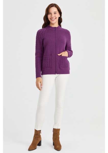 Kadın Dik Yaka Cebi ve Kolu Saç Örgü Yün Hırka A.mor fırsatları