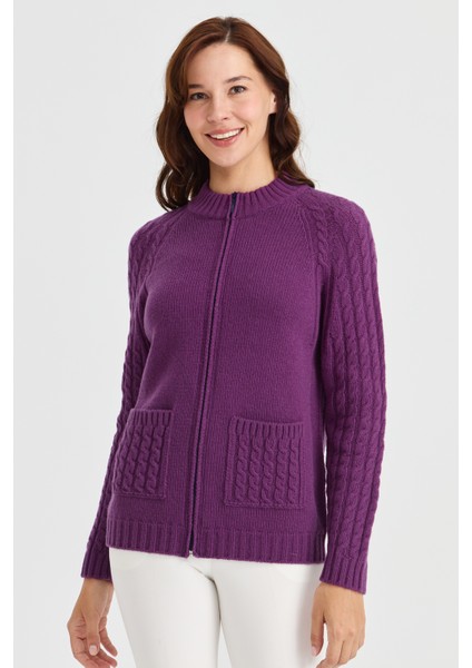 Kadın Dik Yaka Cebi ve Kolu Saç Örgü Yün Hırka A.mor indirimleri