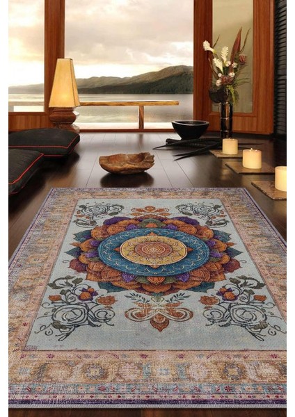 Mandala Halısı,Meditasyon Temalı Renkli Halı,Madala Desenli Çiçekli Vintage Halı,Yoga Halısı,Sipiritüel Halı