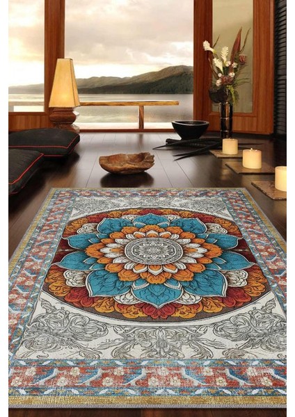 Çiçekli Mandala Halısı,Meditasyon Temalı Renkli Halı,Madala Desenli Vintage Halı,Yoga Halısı,Sipiritüel Halı