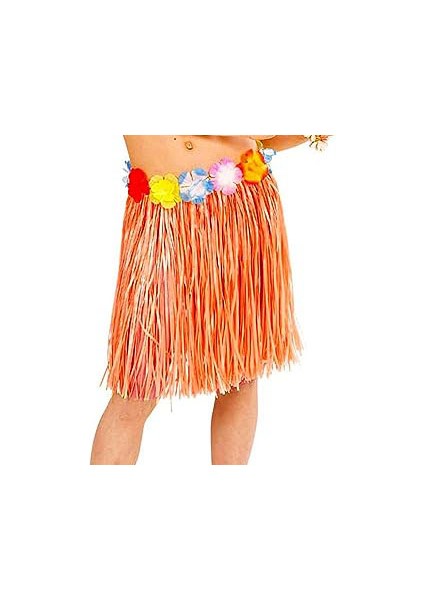 Yetişkin ve Çocuk Uyumlu Turuncu Renk Püsküllü Hawaii Luau Hula Etek 40 cm (Clz)