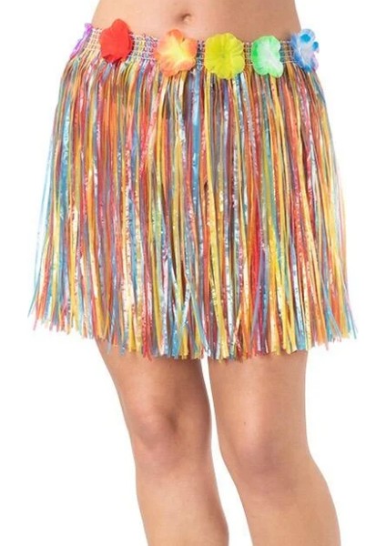 Yetişkin ve Çocuk Uyumlu Rengarenk Püsküllü Hawaii Luau Hula Etek 40 cm (Clz)