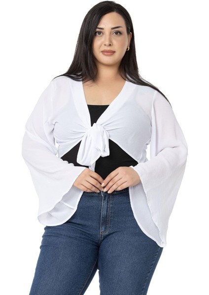 Büyük Beden Ispanyol Kollu Önden Bağlamalı Beyaz Bolero fiyatları