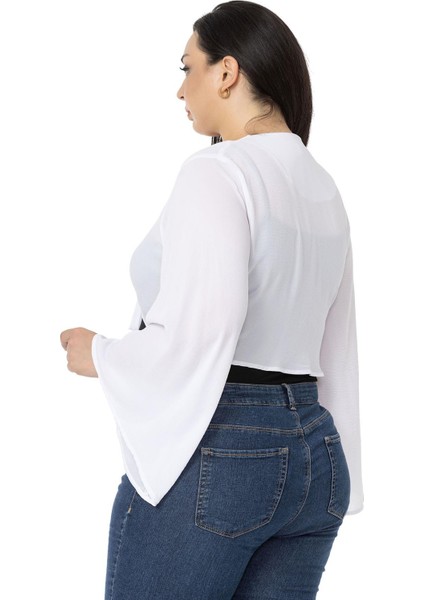 Büyük Beden Ispanyol Kollu Önden Bağlamalı Beyaz Bolero modelleri