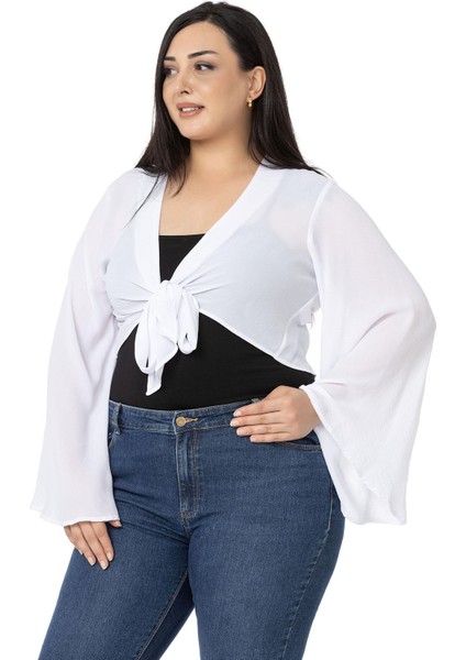 Büyük Beden Ispanyol Kollu Önden Bağlamalı Beyaz Bolero fırsatları