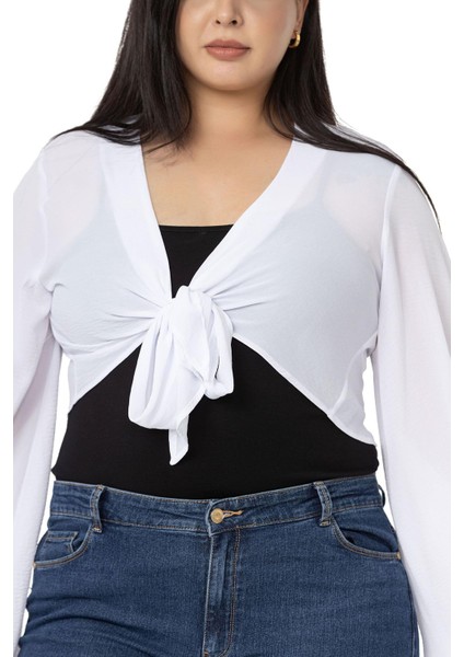 Büyük Beden Ispanyol Kollu Önden Bağlamalı Beyaz Bolero indirimleri