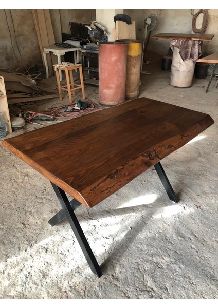 Doğal Kenar Gürgen Ağacı Ceviz Rengi Kütük Masa 75X120.CM