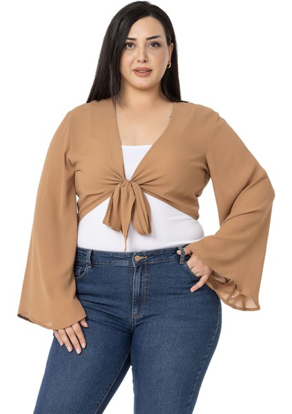 Büyük Beden Ispanyol Kollu Önden Bağlamalı Camel Bolero fiyatları