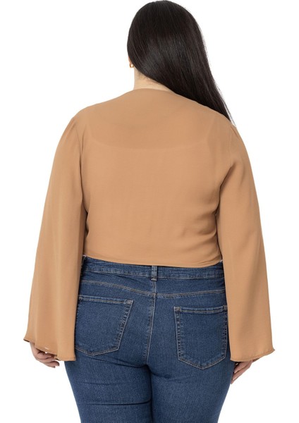 Büyük Beden Ispanyol Kollu Önden Bağlamalı Camel Bolero modelleri