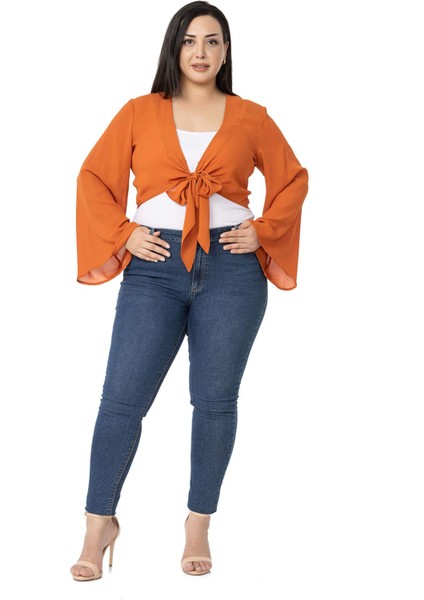 Büyük Beden Ispanyol Kollu Önden Bağlamalı Kiremit Rengi Bolero