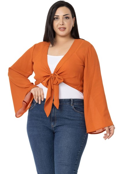 Büyük Beden Ispanyol Kollu Önden Bağlamalı Kiremit Rengi Bolero fiyatları